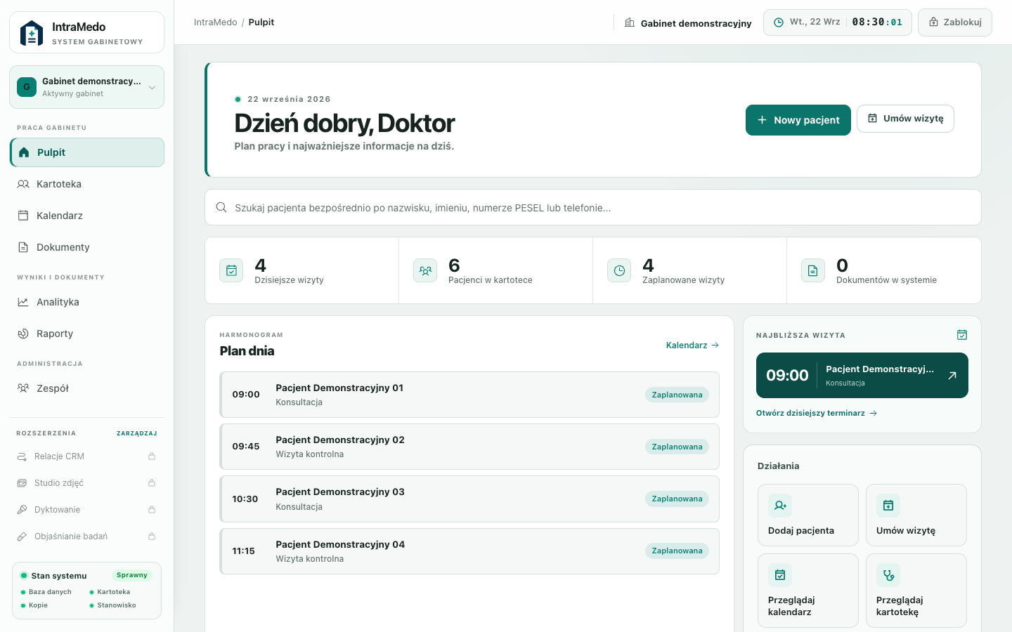 Pulpit IntraMedo z demonstracyjnym planem dnia